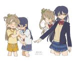  2girls aged_down blazer blue_hair blue_sailor_collar blue_skirt blush bow bowtie brown_hair closed_eyes collared_shirt cropped_legs crying green_bow hair_bow heart highres jacket long_hair looking_at_viewer love_live! love_live!_school_idol_project minami_kotori minamip multiple_girls neckerchief one_side_up open_clothes open_jacket open_mouth otonokizaka_school_uniform plaid_clothes plaid_skirt pleated_skirt red_bow red_bowtie red_neckerchief sailor_collar school_uniform shirt simple_background single_hair_ring skirt sonoda_umi standing striped_bow striped_bowtie striped_clothes sweater_vest tears white_background white_shirt winter_uniform yellow_eyes yellow_shirt yellow_sweater_vest 