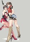  ada_wong ass bad_id bad_pixiv_id black_hair blue_eyes boots brown_hair bukkake claire_redfield cum cum_on_body cum_on_clothes cum_on_hair cum_on_lower_body denim denim_shorts facial fishnets gun handgun high_heels legs lips midriff multiple_girls resident_evil resident_evil_2 shoes shorts sww13 torn_clothes weapon 