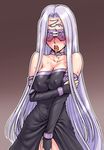 ahegao bare_shoulders blindfold blush breasts cleavage collar covered_nipples dress elbow_gloves facial_mark fate/stay_night fate_(series) forehead_mark gloves large_breasts long_hair masturbation no_bra no_panties purple_hair rider saliva solo st.germain-sal strapless strapless_dress sweat tongue 