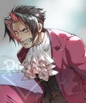  1boy ace_attorney angry ascot clenched_teeth constricted_pupils grey_hair highres layered_ascot male_focus miles_edgeworth red_suit short_hair solo suit suzuki_rika sweat teeth v-shaped_eyebrows watermark white_ascot 