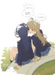  2girls black_socks blazer blue_hair blue_skirt blush bow brown_hair chinese_text ear_blush from_behind green_bow hair_bow hand_on_another's_hand highres jacket long_hair long_sleeves love_live! love_live!_school_idol_project minami_kotori minamip multiple_girls one_side_up open_mouth otonokizaka_school_uniform plaid_clothes plaid_skirt pleated_skirt school_uniform simple_background sitting skirt socks sonoda_umi white_background winter_uniform yellow_eyes yuri 