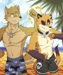  beach biceps black_nose blue_camo brown_fur bump camo canid canine canis clothing cloud domestic_dog duo fist fur gothwolf grin hair jewelry male mammal muscular muscular_male neck_collar necklace orange_fur pecs sand seaside shorts skull sky smile smirk swimsuit water wolf 