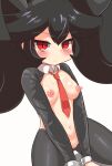  1girl absurdres ashley_(warioware) between_breasts between_legs black_hair blush breasts double-parted_bangs female_pubic_hair frown hand_between_legs highres long_hair looking_at_viewer medium_breasts meme_attire navel necktie necktie_between_breasts nipples pubic_hair red_eyes red_necktie reverse_bunnysuit reverse_outfit rnt_(251139) simple_background twintails warioware white_background 