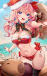  1girl black_thighhighs blue_sky blush bow bowtie bra breasts candy candy_cane cleavage cloud commentary day english_commentary facial_mark food green_bow green_bowtie hair_between_eyes hat highres holding holding_sack long_hair medium_breasts mismatched_thighhighs navel open_mouth original outdoors panties pink_hair pom_pom_(clothes) purple_eyes red_bow red_bra red_hat red_panties red_thighhighs rimuu sack santa_costume santa_hat side-tie_panties sky solo star_(symbol) star_facial_mark stomach strapless strapless_bra teeth thighhighs underwear upper_teeth_only very_long_hair 