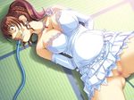  bare_shoulders bdsm bondage bound breasts brown_hair censored cleavage detached_sleeves dress earrings forced gag gagged game_cg green_eyes inflation jewelry kogure_mayumi large_breasts lying mosaic_censoring necklace no_panties ponytail solo spread_legs surprised wakazuma_mangekyou wedding_dress yuzuchichi 