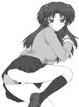  ass blush breasts censored clannad greyscale hair_bobbles hair_ornament hikarizaka_private_high_school_uniform ichinose_kotomi large_breasts lying monochrome panties panties_aside pussy school_uniform shichimenchou simple_background solo two_side_up underwear 