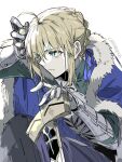  1girl ahoge armor artist_name artoria_pendragon_(fate) blonde_hair braid cape carimarica close-up excalibur_(fate/stay_night) fate/grand_order fate/stay_night fate_(series) fur_trim green_eyes holding holding_sword holding_weapon kneehighs looking_ahead sidelocks simple_background socks sword type-moon weapon white_background 