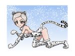 1girl alternate_costume animal_ears animal_hands animal_print ari_(girls_und_panzer) breasts brown_eyes detached_collar girls_und_panzer gloves hairband leopard_ears leopard_print leotard paw_gloves paw_socks print_leotard short_hair snowing socks tail takahashi_kurage thighhighs very_short_hair white_gloves white_hair white_socks 