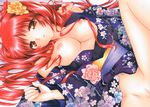  ayatori bad_id bad_pixiv_id breasts brown_eyes flower hair_flower hair_ornament japanese_clothes kimono kousaka_tamaki large_breasts long_hair lying navel nipples open_clothes open_kimono pussy red_hair solo to_heart_2 traditional_media 