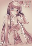  1girl absurdres all_fours bare_shoulders blunt_bangs blush bow bow_choker breasts breasts_out choker christmas detached_sleeves dress full_body fur-trimmed_dress fur-trimmed_sleeves fur_choker fur_trim garter_straps half-closed_eyes hat highres long_hair looking_at_viewer minazuki_awayuki mini_hat monochrome nekopara nipples no_bra no_panties no_shoes parted_lips pubic_hair santa_dress santa_hat sayori_(neko_works) sketch sleeves_past_wrists small_breasts solo straight_hair thighhighs very_long_hair 