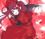  1girl :d absurdres alternate_costume alternate_hairstyle blue_eyes brown_wings capelet crescent crescent_hair_ornament demon_girl demon_horns demon_wings dress fang hair_ornament heterochromia highres horns long_hair long_sleeves looking_at_viewer nijisanji ninahachi petals red_capelet red_dress red_eyes red_hair sketch sleeves_past_wrists smile solo twintails twitter_username very_long_hair virtual_youtuber wings yuzuki_roa 