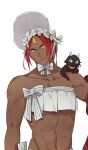  1boy abigail_williams_(fate) abigail_williams_(fate)_(cosplay) abigail_williams_(swimsuit_foreigner)_(fate) abigail_williams_(swimsuit_foreigner)_(fate)_(cosplay) abigail_williams_(swimsuit_foreigner)_(third_ascension)_(fate) absurdres animal_on_shoulder animalization arjuna_(fate) arjuna_alter_(fate) ashwatthama_(fate) bikini black_cat bow cat cat_on_shoulder cosplay crossdressing dark-skinned_male dark_skin fate/grand_order fate_(series) forehead_jewel hat highres koroponsu3 looking_at_viewer male_focus muscular muscular_male navel red_hair simple_background swimsuit upper_body white_background white_bikini yellow_eyes 