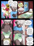 3:4 abuniverse anthro blue_clothing blue_shirt blue_topwear bodily_fluids brown_body brown_fur chair clean_diaper clothed clothing diaper diaper_change diaper_only embarrassed english_text front_view fur furniture genital_fluids hand_on_diaper hi_res internal_thoughts kaaski male on_chair peekabu shirt sitting sitting_on_chair solo text topless topwear touching_diaper unclean_diaper urine used_diaper wearing_diaper wet_diaper