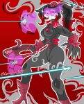anthro artificial_lifeform bird_demon black_body black_clothing black_feathers black_hair black_leotard boots clothing combat_boots demon energy_shield feathers female fighting_pose fingerless_gloves footwear gloves hair handwear hi_res high_heeled_boots high_heels leotard lyonley multicolored_hair owl_demon ponytail pose purple_visor ranged_weapon red_eyes shoes shooting shoulder_guards smiley_face solo tan_boots tan_clothing tan_footwear tan_gloves tan_handwear two_tone_hair victoriah_neo_vassel weapon white_face