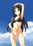  akiyama_mio armpits black_bikini_top black_hair blush bottomless breasts cleavage day highres k-on! long_hair medium_breasts norizou_type-r pussy shiny shiny_skin smile solo swimsuit 