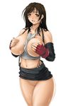  belt black_hair blush breasts camisole covering covering_breasts cum cum_on_body cum_on_breasts cum_on_lower_body cum_on_upper_body earrings elbow_gloves final_fantasy final_fantasy_vii fingerless_gloves fumizuki_misoka gloves huge_breasts jewelry long_hair midriff miniskirt no_bra no_panties pencil_skirt skirt skirt_lift solo suspender_skirt suspenders tifa_lockhart yellow_eyes 