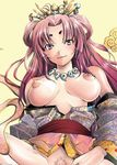  breasts copyright_request hair_ornament japanese_clothes jewelry kimono large_breasts long_hair magatama necklace off_shoulder pink_hair pubic_hair sakai_hamachi smile solo 