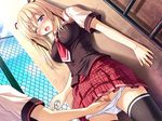  against_wall black_legwear blonde_hair blue_eyes blush censored chain-link_fence day fence fingering game_cg hetero mosaic_censoring necktie nishizono_aika open_mouth panties panty_pull plaid plaid_skirt pussy school_uniform sister_x_sister_~lovevery_sisters~ skirt solo_focus thighhighs toma_(asagayatei) twintails underwear white_panties wince 
