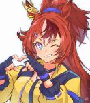  1girl animal_ears blue_eyes blue_jacket bright_pupils brown_hair bubble_gum_fellow_(umamusume) ear_ornament fingerless_gloves gloves grin hair_ornament heart heart_hands highres horse_ears horse_girl jacket long_hair looking_at_viewer multicolored_clothes multicolored_hair multicolored_jacket one_eye_closed orange_hair simple_background smile solo teeth two-tone_jacket umamusume upper_body white_background white_hair yellow_jacket zhu_(nitamagr) 