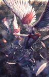  3girls 6+boys armor arrow carrying commentary_request fantasy feathered_wings feathers fire forest from_above harpy helmet long_hair monster_girl multiple_boys multiple_girls nature noba outdoors pixiv_fantasia pixiv_fantasia_last_saga red_hair signature wings 