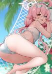  1girl ahoge ass bare_legs barefoot bikini blue_archive blue_eyes blurry blurry_background breasts eyewear_on_head fang frilled_bikini frills hair_between_eyes hair_bobbles hair_ornament halo hammock heterochromia highres hoshino_(blue_archive) hoshino_(swimsuit)_(blue_archive) jampen long_hair looking_at_viewer low_twintails lying orange_eyes outdoors pink_hair skin_fang small_breasts smile solo sunglasses swimsuit thighs twintails twitter_username white_bikini 