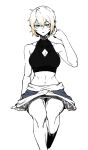  1641_(chfhrtor94) 1girl bangs bare_shoulders black_shirt blonde_hair cleavage_cutout clothes_around_waist clothing_cutout crop_top feet_out_of_frame green_eyes hand_up highres invisible_chair looking_at_viewer midriff mizuhashi_parsee parted_lips partially_colored shirt shirt_around_waist short_hair simple_background sitting sleeveless sleeveless_shirt solo toned touhou v-shaped_eyebrows white_background 