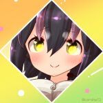  1girl animal_costume black_hair blush closed_mouth coroha humboldt_penguin_(kemono_friends) kemono_friends kemono_friends_v_project looking_at_viewer microphone multicolored_hair orange_background penguin_costume penguin_girl purple_hair shirt short_hair simple_background smile solo star_(symbol) virtual_youtuber yellow_eyes zipper 