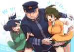  1boy 2girls artist_name birthday blue_hair blush breasts brown_eyes brown_hair closed_eyes dated drifters facing_another gloves green_hakama green_skirt hair_ribbon hakama hakama_skirt hat hiryuu_(kancolle) japanese_clothes kantai_collection large_breasts looking_at_another military military_hat military_uniform multiple_girls open_mouth peaked_cap ribbon short_hair skirt souryuu_(kancolle) twintails uniform white_gloves white_ribbon wide_sleeves yamaguchi_tamon yonnada 
