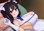  1girl :p absurdres bangs black_hair blue_bow blue_bowtie blue_eyes blue_ribbon bow bowtie breasts cleavage cushion dress dungeon_ni_deai_wo_motomeru_no_wa_machigatteiru_darou_ka from_side gloves hair_ornament hestia_(danmachi) highres huge_breasts indoors light_particles long_hair looking_at_viewer lying on_back rei_no_himo ribbon sidelocks sleeveless sleeveless_dress smile the_only_shoe tongue tongue_out twintails white_dress white_gloves 