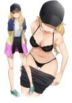  absurdres arms_behind_back barefoot baseball_cap black_headwear black_shorts blonde_hair blue_eyes bra braid breasts cleavage clothes_pull coat collarbone from_above hair_over_shoulder hat highres keicyanyan lace lace_bra lace_panties long_hair looking_at_viewer medium_breasts midriff navel one_eye_closed open_clothes open_coat panties paripi_koumei projected_inset shirt shirt_tucked_in shoes shorts shorts_pull simple_background smile sneakers thigh_gap thighs tsukimi_eiko underwear undressing white_background white_shirt 