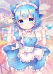  1girl alternate_costume apron blue_bow blue_dress blue_eyes blue_hair blush bow cirno closed_mouth cowboy_shot detached_wings dress fairy hair_between_eyes hair_bow highres holding holding_tray ice ice_wings pjrmhm_coa puffy_short_sleeves puffy_sleeves short_hair short_sleeves solo touhou tray waist_apron white_apron wings 