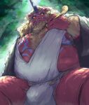  2022 anthro asian_clothing belly big_belly bulge clothing east_asian_clothing felid fundoshi humanoid_hands japanese_clothing kemono male mammal moobs outside overweight overweight_male plant red_body solo tree underwear white_clothing white_fundoshi white_underwear のら 