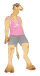  anthro bottomwear brown_eyebrows brown_hair camel camelid clothing eyebrows eyewear front_view fur grey_bottomwear grey_clothing grey_shorts hair hi_res imperatorcaesar inner_ear_fluff long_neck male mammal mouth_closed neck_tuft pink_clothing pink_topwear shorts signature simple_background solo standing sunglasses tan_body tan_ears tan_fur tan_inner_ear_fluff tan_tail topwear tuft white_background 