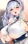  1girl :o arm_up armpits azur_lane bangs bare_shoulders blush breasts commentary dido_(azur_lane) earrings frills greyscale highres jewelry large_breasts long_hair looking_at_viewer marushin_(denwa0214) monochrome open_mouth red_eyes sideboob solo upper_body 
