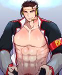  1boy abs armband bara big_al brown_hair headpiece highres jewelry male_focus microphone necklace pectorals vocaloid yellow_eyes 