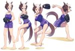  1girl animal_ears arm_up ball bangs bare_shoulders baseball baseball_mitt breasts brown_hair clenched_teeth closed_mouth holding holding_ball horse_ears horse_girl horse_tail medium_breasts mejiro_ryan_(umamusume) motion_blur multicolored_hair multiple_views nishiki_kazue one-piece_swimsuit open_mouth outstretched_arm pitching purple_eyes sand school_swimsuit sequential short_hair standing standing_on_one_leg swimsuit tail teeth throwing two-tone_hair umamusume v-shaped_eyebrows white_background white_hair 