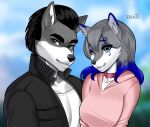  anthro canid canine canis choker cute_expression duo embrace female fluffy hi_res hug jewelry male male/female mammal necklace portrait wolf zhadart 