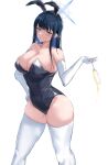  1girl animal_ears bangs bare_shoulders black_leotard blue_archive blue_eyes blue_hair blush breasts cleavage collarbone elbow_gloves fake_animal_ears gloves halo hand_on_hip highres large_breasts leotard long_hair looking_at_viewer parted_lips playboy_bunny rabbit_ears saori_(blue_archive) simple_background smile standing thighhighs thighs tyamurai33 white_background white_gloves white_thighhighs 