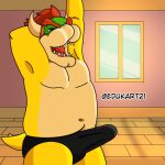  1:1 belly belly_scales bodily_fluids bowser butt clothed clothing edukart21 ejaculation erection erection_under_clothing eyebrows eyes_closed fangs father hair hands-free hands_behind_head horn inside koopa male male/male mammal mario_bros morning muscular navel nintendo open_mouth overweight parent red_hair scales scalie solo tears thong_only video_games window window_light yawn yellow_body yellow_scales 