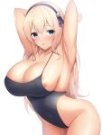  1girl absurdres alternate_breast_size alternate_costume areola_slip armpits arms_behind_head azur_lane black_swimsuit blonde_hair blue_eyes breasts covered_nipples cowboy_shot gigantic_breasts highres kokonoe_misui leander_(azur_lane) one-piece_swimsuit presenting_armpit simple_background solo standing swimsuit white_background 