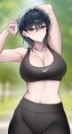  1girl absurdres armpits arms_up bangs bare_arms bare_shoulders black_hair black_pants blue_eyes blurry blurry_background blush borrowed_character breasts cleavage collarbone commentary crop_top foxie30 hair_between_eyes highres large_breasts leggings looking_at_viewer midriff navel original outdoors pants parted_lips short_hair solo sports_bra stomach upper_body yokoyama_ishimi 