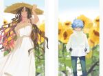  1boy 1girl alternate_costume bangs bare_shoulders black_hair blue_eyes blue_hair breasts child closed_mouth commentary couple dress expressionless facial_mark fate/extra fate/extra_ccc fate/grand_order fate_(series) feet_out_of_frame flower forehead_mark hands_in_pockets hans_christian_andersen_(fate) hat high_collar hino_hinako large_breasts long_hair long_sleeves looking_at_viewer multicolored_hair pants parted_bangs pink_hair sesshouin_kiara sky sleeveless straw_hat sunflower sunlight sweat tattoo very_long_hair white_dress yellow_eyes 