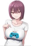  1girl breasts clothes_writing controller half-closed_eyes hashi large_breasts looking_at_viewer original purple_hair red_eyes shirt short_hair short_sleeves simple_background smile upper_body white_background white_shirt 