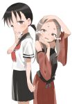  2girls absurdres ajisai_(kunoichi_tsubaki_no_mune_no_uchi) black_hair black_sailor_collar black_skirt brown_eyes brown_hair commentary_request detached_sleeves hair_ribbon highres japanese_clothes karakai_jouzu_no_takagi-san kunoichi_tsubaki_no_mune_no_uchi long_hair looking_at_viewer mano-chan multiple_girls neckerchief red_neckerchief red_sleeves ribbon sailor_collar school_uniform serafuku short_hair short_sleeves short_twintails skirt twintails white_ribbon yamamoto_souichirou 