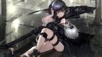  1girl arknights bangs bare_legs bare_shoulders black_eyes black_footwear black_hair commentary hair_ornament hairclip hand_up highres la_pluma_(arknights) libiadan looking_at_viewer one_eye_closed scythe shoes short_hair sitting solo thigh_strap thighs weapon 