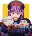  1girl 2boys bangs belt black_hair blue_eyes blue_hair bow bracelet breasts commentary_request detached_collar detached_sleeves doll fate/grand_order fate_(series) gloves gradient_hair happy hat helena_blavatsky_(fate) highres jewelry lion lion_boy lion_hair long_hair long_sleeves looking_away multicolored_hair multiple_boys nikola_tesla_(fate) open_mouth puppet purple_eyes purple_hair red_gloves ribbon short_hair small_breasts smile solo_focus sosaka thomas_edison_(fate) twitter_username two-tone_background upper_body ventriloquism white_background white_gloves white_hair 