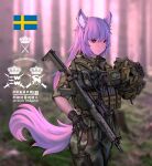  1girl animal_ear_fluff animal_ears assault_rifle bangs borrowed_character bulletproof_vest camouflage camouflage_pants commission cowboy_shot fang_zhenjun gloves gun hand_on_hip headwear_removed helmet helmet_removed holding holding_helmet long_hair looking_at_viewer military military_uniform mixed-language_commentary original pants purple_hair purple_tail red_eyes rifle soldier solo swedish_flag tactical_clothes tail translation_request uniform weapon weapon_request 
