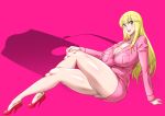  absurdres akimoto_katherine_reiko arm_support bare_legs blonde_hair breasts cleavage grey_eyes high_heels highres jacket kochikame kyuugata large_breasts long_hair miniskirt pink_background pink_jacket pink_skirt reclining shiny shiny_skin skirt 