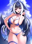  1girl absurdres ahoge animal_ears bangs bikini black_hair blush breasts cetacean_tail cleavage collar heart heart_ahoge highres indie_virtual_youtuber large_breasts long_hair looking_at_viewer multicolored_hair navel open_mouth orca_girl purple_eyes sbgu shylily solo streaked_hair swimsuit tattoo very_long_hair virtual_youtuber white_hair 