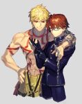  2boys arm_around_neck armor bangs bare_pectorals black_gloves black_jacket black_pants blonde_hair brown_eyes brown_hair chain closed_mouth commentary_request earrings enkidu_(weapon)_(fate) expressionless fate/extella fate/extella_link fate/extra fate/extra_ccc fate_(series) feet_out_of_frame gilgamesh_(fate) glasses gloves gold_armor grey_background hair_between_eyes jacket jewelry kishinami_hakuno_(male) long_sleeves looking_at_viewer male_focus multiple_boys necklace no_shirt official_alternate_costume pants pectorals red_eyes routo school_uniform short_hair simple_background smile tattoo teeth toned tsukumihara_academy_uniform_(fate/extra_ccc) 
